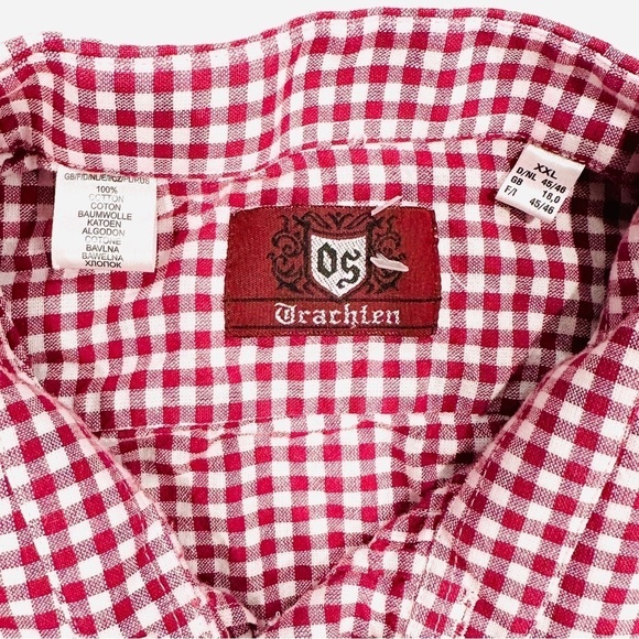 Trachten German Oktoberfest Red Checkered Long Sleeve Button Down Shirt - Picture 4 of 8
